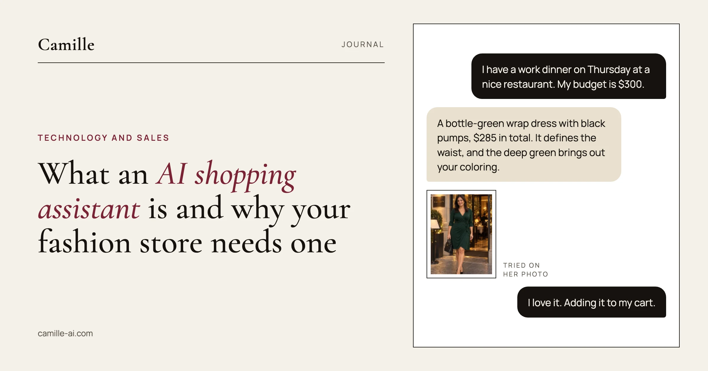 Chat with Camille suggesting a bottle-green wrap dress for a work dinner under $300, with the look tried on the customer’s photo
