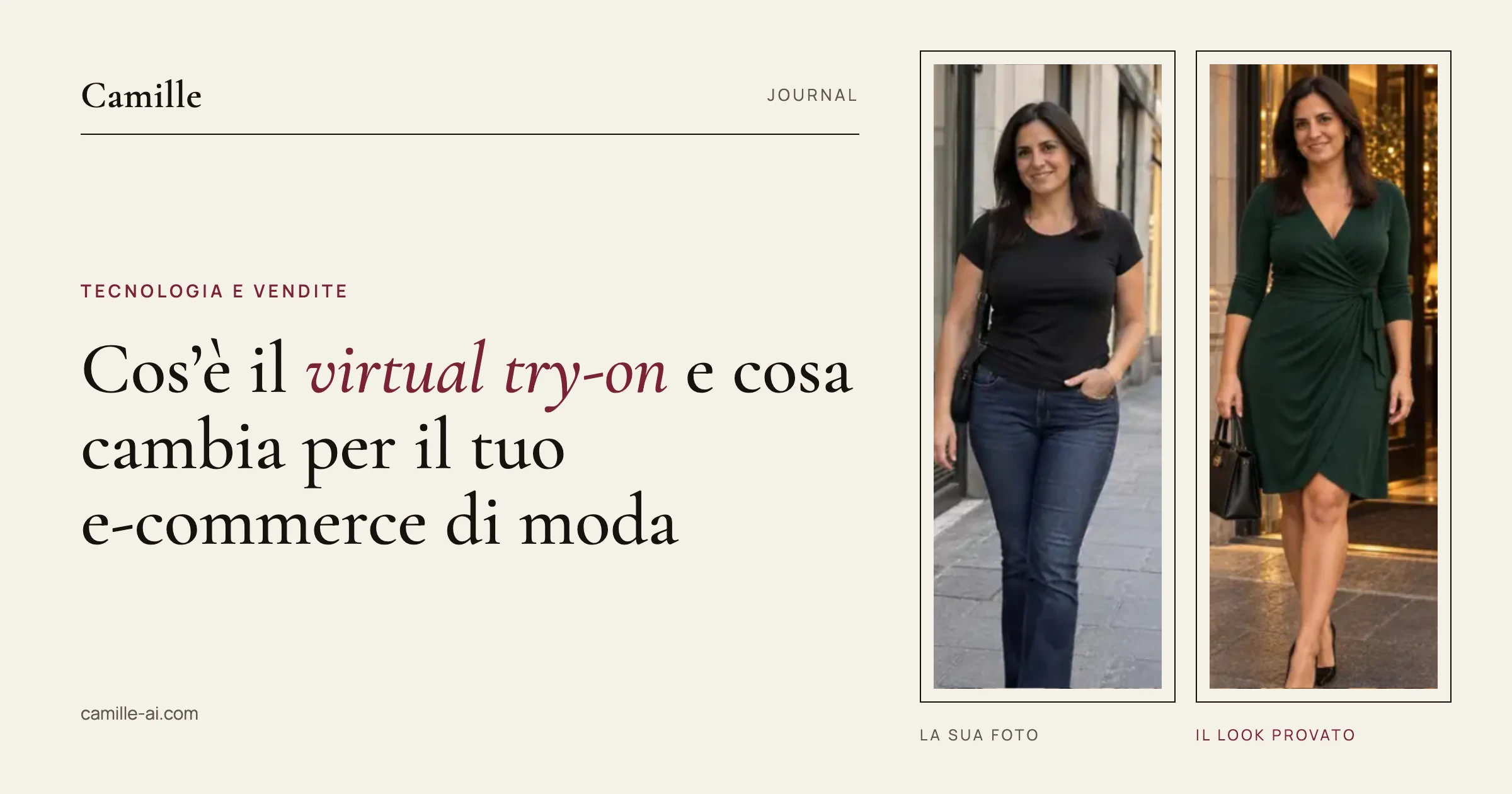 Prova virtuale: la foto della cliente in t-shirt e jeans e lo stesso look provato con un abito a portafoglio verde