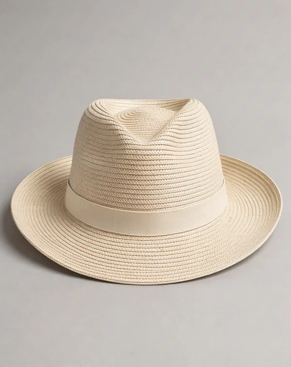 Off-white wide-brim straw hat with ribbon