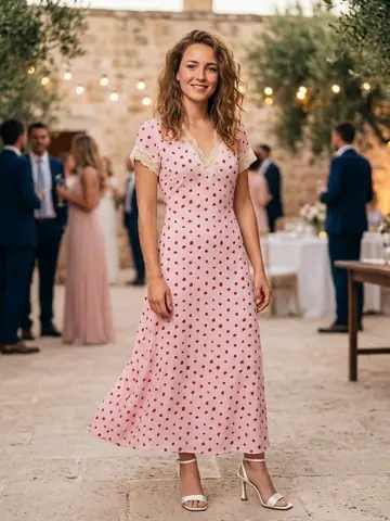 Outfit tried on, a long pink polka dot dress for a wedding