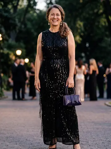 Outfit tried on, a black sequin evening dress