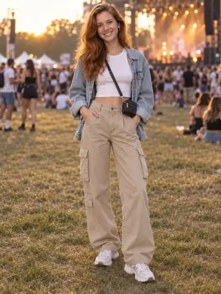 The customer in sand cargo pants, a white cropped top, oversized denim jacket and sneakers, at an open-air concert