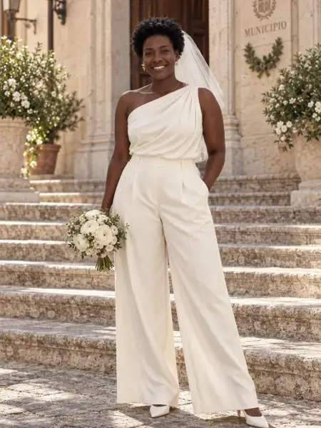 The customer in palazzo trousers and a draped ivory silk top, short veil and bouquet, outside the town hall