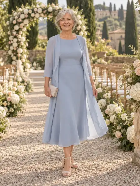 The customer in a powder blue midi dress and sheer duster, in a garden set up for a wedding