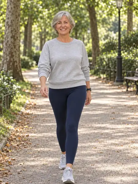 The customer in midnight blue leggings, a pearl grey sweatshirt and walking shoes, on a tree-lined avenue