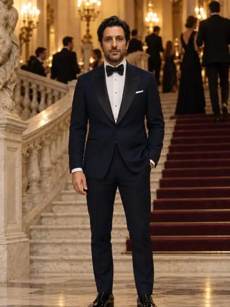The customer in a midnight blue tuxedo with satin lapels, white shirt and black bow tie, on a grand staircase