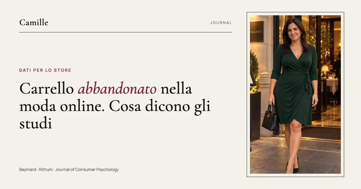 Copertina dell'articolo sul carrello abbandonato nella moda online, con una donna in abito verde davanti a un ristorante