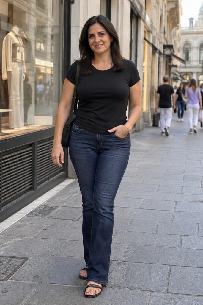 Curvy customer around 40 with straight dark hair, a black T-shirt and jeans