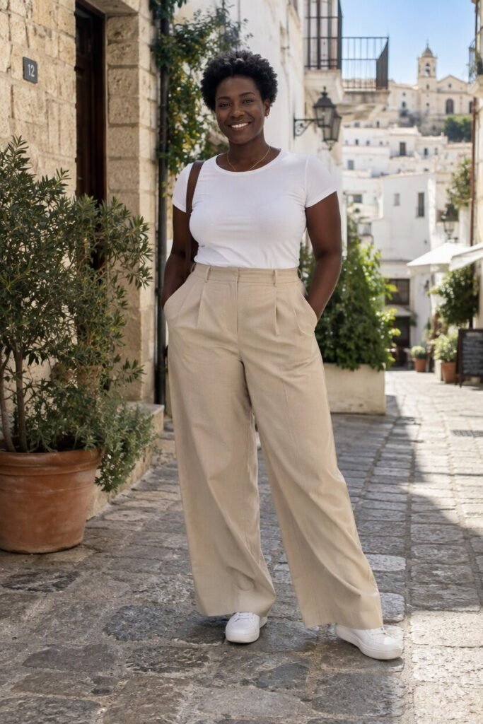 Customer around 35 with deep skin and short curly hair, a white T-shirt and wide beige trousers